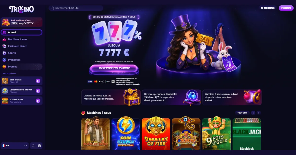 Accueil du casino en ligne Trixino : bonus de bienvenue 777 % et machines à sous populaires